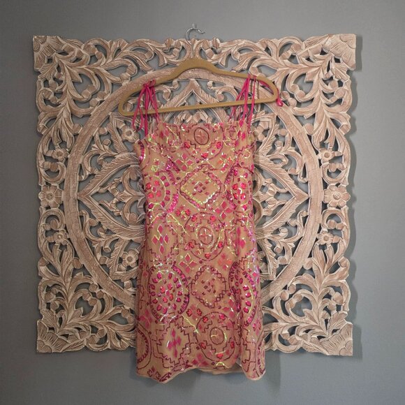Free People show off mini sequin dress pink tan Size 10 - Picture 2 of 11